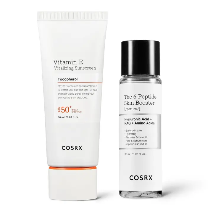 COSRX Invisible Shield - Protector solar facial vitalizante con vitamina E SPF 50, 1.69 fl.oz + Juego de suero potenciador de la piel en miniatura de 6 péptidos - 1