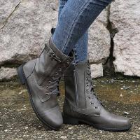 Botines de punta redonda con cordones para mujer, botas militares de combate de tacón bajo de media pantorrilla, botines de equitación - details 7