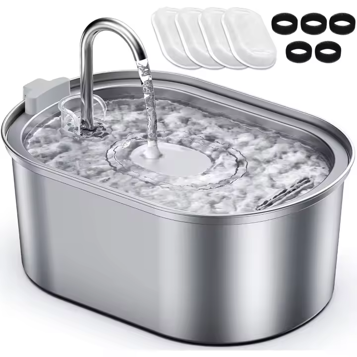 Petace Fuente de agua para gatos y perros 3,2 L de acero inoxidable más 4 filtros de carbón activado y 5 esponjas - Bebedero silencioso con triple filtración - 1