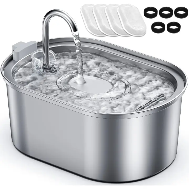 Petace Fuente de agua para gatos y perros 3,2 L de acero inoxidable más 4 filtros de carbón activado y 5 esponjas - Bebedero silencioso con triple filtración - 1