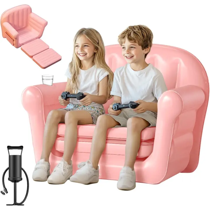 Sofá inflable para niños pequeños, extra grande de 38,6 x 27,6 x 28,4 pulgadas, sofá convertible 2 en 1 para niños pequeños, sofá portátil con felpa para niños y niñas, hogar y campamento (rosa) - 1