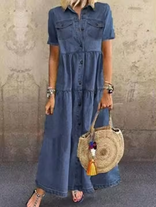 vestido de mezclilla, pantalón corto casual para mujer Vestido de manga de moda, Ropa de mujer - 1