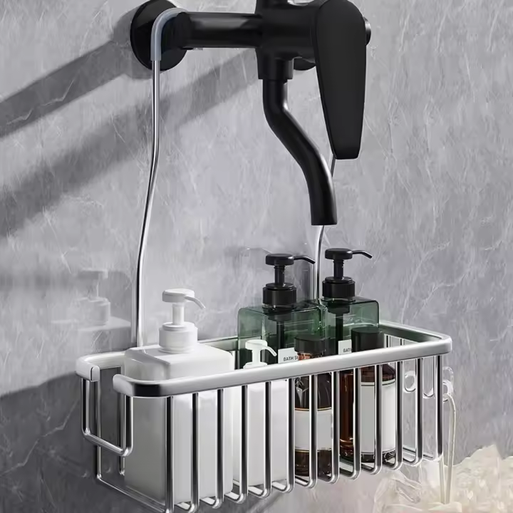 Cesta de ducha colgante plateada/negra/gris de gran capacidad con ganchos, colgador de grifo de aluminio, estante de almacenamiento de baño a prueba de óxido - 1