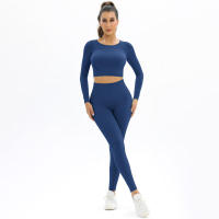 Conjunto de Yoga sin costuras para mujer, ropa deportiva de entrenamiento para gimnasio, Top corto de manga larga, Leggings de cintura alta, trajes deportivos de 2 piezas - details 4