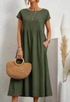Vestido retro liso elegante de lino y algodón de manga corta con cuello redondo para mujer, vestido suelto informal de verano 2023 - details 7