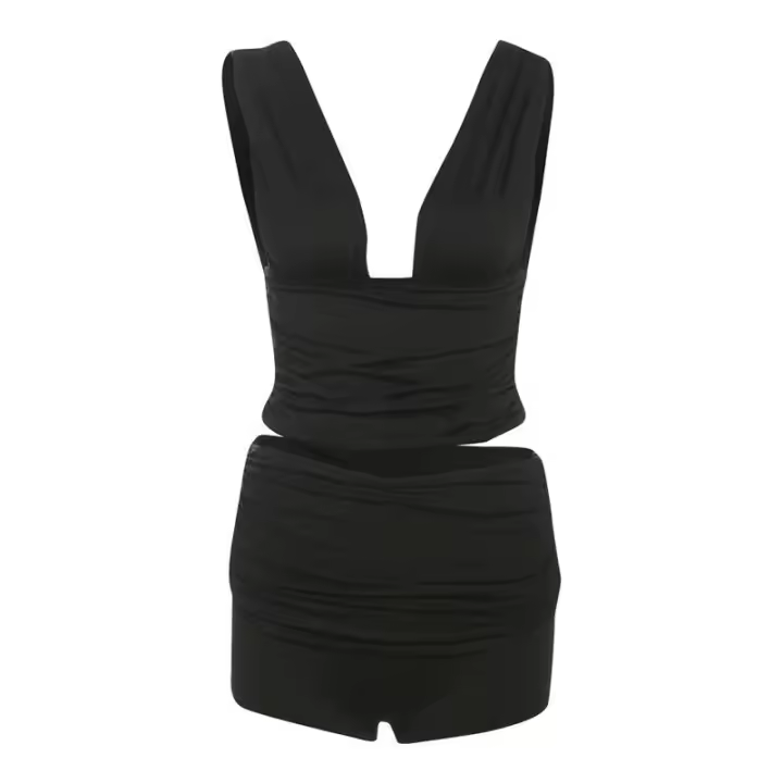 BUNO-Conjunto de 2 piezas de moda plisada para mujer, camisetas sin mangas con cuello bajo y espalda descubierta + Mini pantalones cortos ajustados, trajes sencillos informales clásicos de calle - 1