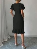 Para las mujeres vestido negro de verano nueva moda elegante Casual cuello redondo manga linterna volantes Oficina Sexy ropa de mujer vestidos - details 12