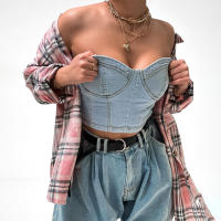 Spice girl pecho top conjunto de las mujeres de gama alta casual moda denim pecho envoltura tubo superior cintura alta suelta pantalones cortos - details 12