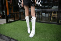 Botas altas de tacón grueso, plataforma impermeable para mujer, tacones altos, botas largas, con cordones, talla grande - details 6