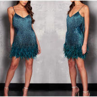 Vestido corto con lentejuelas y borlas para mujer, minivestido Sexy con tirantes finos y costuras, elegante, para fiesta y Club - details 13