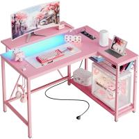 Forma de L con Tomas de Corriente y Luces LED, Escritorio Esquinero con Estantes, Reversible para Ordenador para el Hogar, Oficina, Dormitorio, Espacio Pequeño, 106,5 cm - details 0