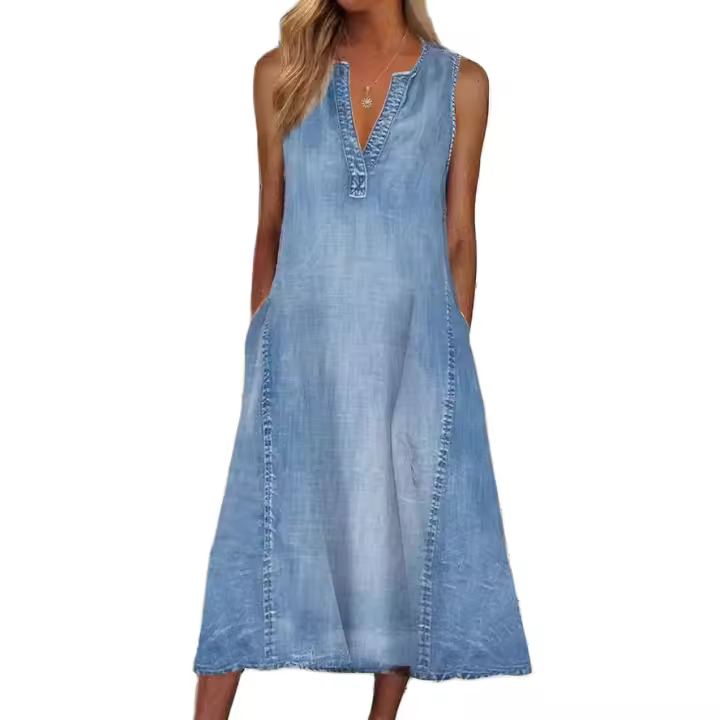 Vestido casual de mezcla suelta para mujer, sin mangas y sin mangas, color sólido clásico - 1