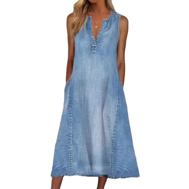 Vestido casual de mezcla suelta para mujer, sin mangas y sin mangas, color sólido clásico - 1
