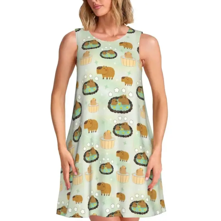 Sol suelto dulce lindo modificado para requisitos particulares de Capybara con la impresión del bolsillo, vestido sin mangas de la playa de las mujeres - 1