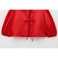 OUWU- Primavera Verano 2025 Mujer Moda Satén Manga Burbuja Arco Corto Top Casual Ajustado Manga Larga Camiseta - details 7