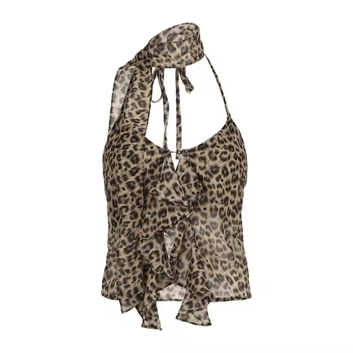 BUNO-Camisola de gasa para mujer, Top corto de leopardo Y2k, moda de verano, ropa de calle, camiseta sin mangas, Tops sexis sin mangas para mujer, chaleco con hombros descubiertos - 1