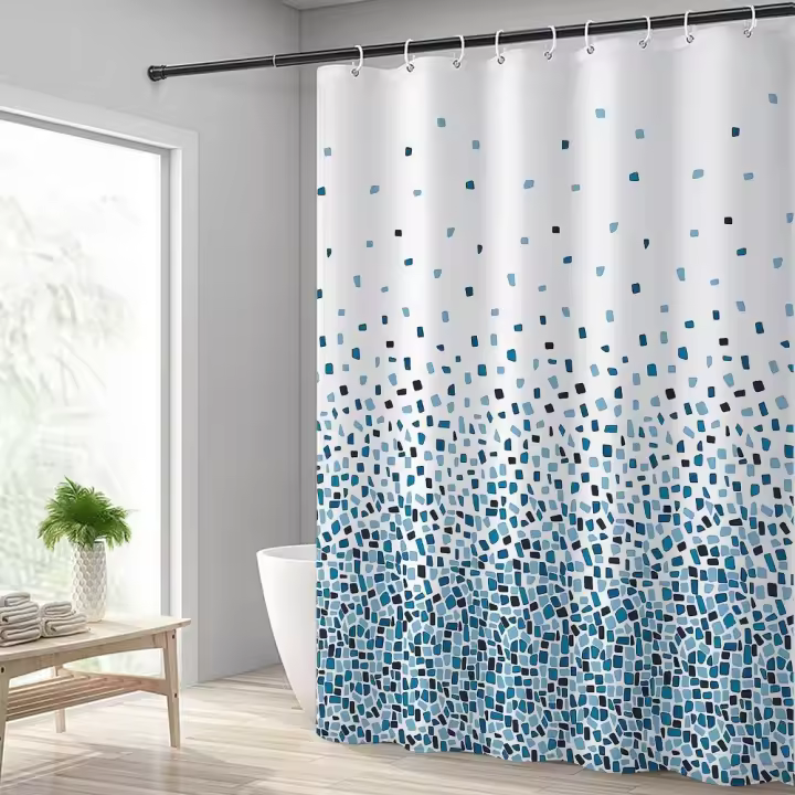 Cortina de Ducha 180x180cm, Cortina Ducha Impermeable Poliéster Lavable con 12 x Ganchos, Cortina Baño con Dobladillo Ponderado, Azul Mosaico - 1