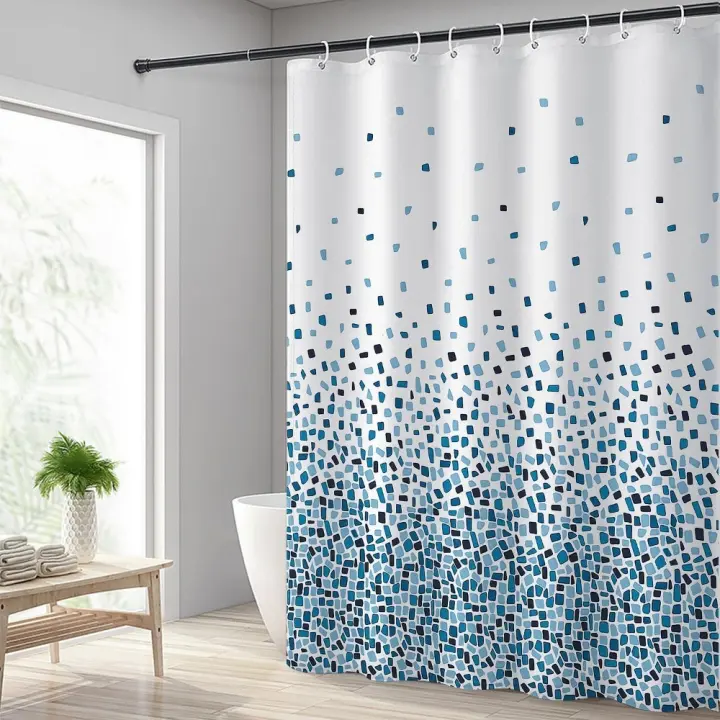 Cortina de Ducha 180x180cm, Cortina Ducha Impermeable Poliéster Lavable con 12 x Ganchos, Cortina Baño con Dobladillo Ponderado, Azul Mosaico - 1