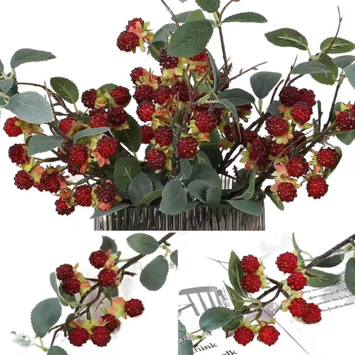 Planta Artificial de frambuesa roja creativa, hojas verdes, accesorios para fotos, ramas de bayas de imitación, suministros para festivales de frutas de morera - 1