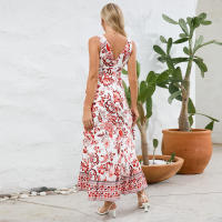 Vestidos largos bohemios para mujer, cuello en V, sin mangas, cintura alta, Maxi, estampados rojos, Playa - details 10