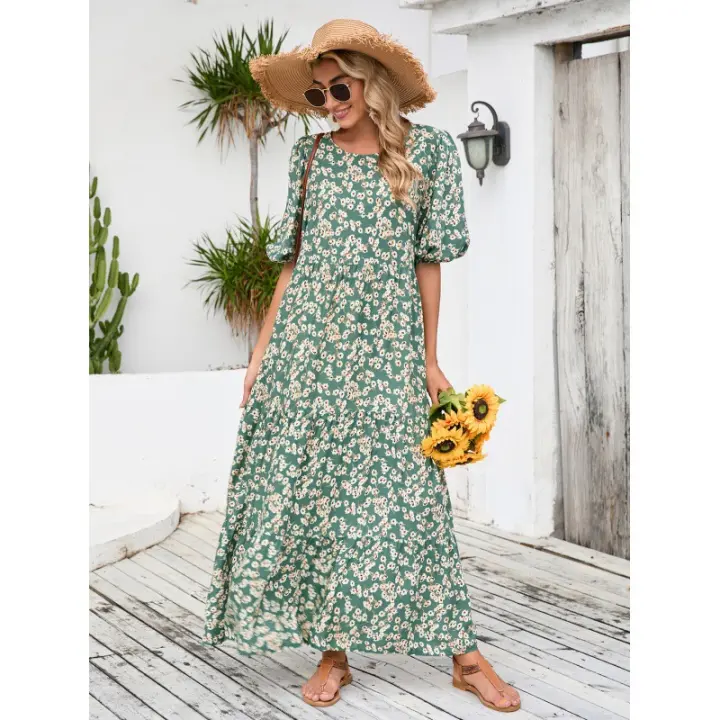 Vestido suelto de manga media con cuello redondo y falda larga floral informal retro de talla grande - 1