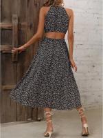 Vestido sin mangas con cintura hueca, estampado floral, elegante, cuello semialto - details 13