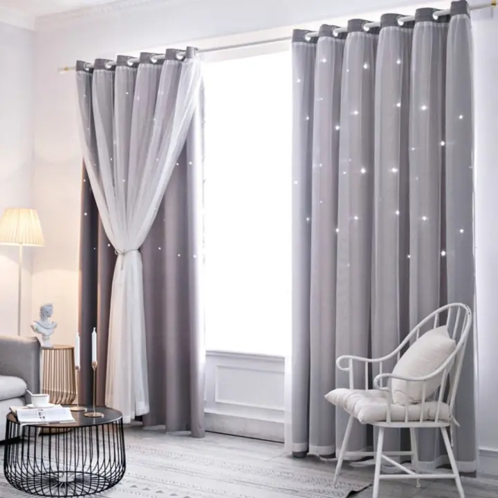 Cortinas opacas de tul de doble capa con estrellas de colores, cortinas románticas ahuecadas para ventanas de dormitorio, 1 unidad - 1