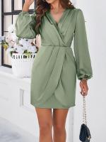 Vestido corto de manga larga con cuello en V para mujer, prenda de diseñador elegante, color sólido, novedad de primavera 2025 - details 9