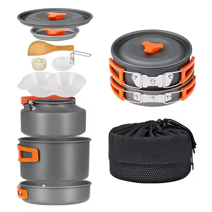 Vajilla portátil para acampar, juego de cocina, utensilios de cocina para exteriores, sartén, olla, cuenco, cuchara, tenedor, utensilios para senderismo, Picnic, viajes, Campismo salvaje - 1