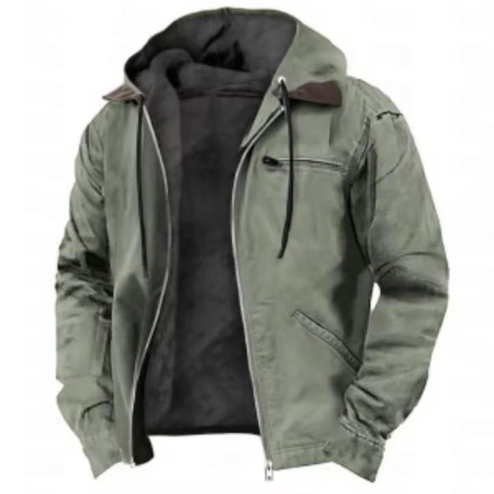 Sudadera de color liso, chaqueta de algodón con cremallera y felpa, ropa de hombre con capucha - 1
