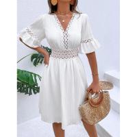 Vestido de verano para mujer, nuevo estilo, con costuras, escote en V y cintura de color liso. - details 16