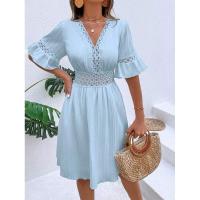 Vestido de verano para mujer, nuevo estilo, con costuras, escote en V y cintura de color liso. - details 0