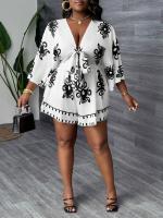 Mono de talla grande para mujer, moda informal, manga acampanada, cuello en v, vestido estampado - details 5