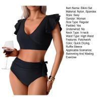Conjunto de Traje de Baño para Mujer de Dos Piezas Sexy Bikini con Corte Curvo y Almohadilla para el Pecho Traje de Baño de Cintura Alta con Sujetador de Manga con Volantes - details 25