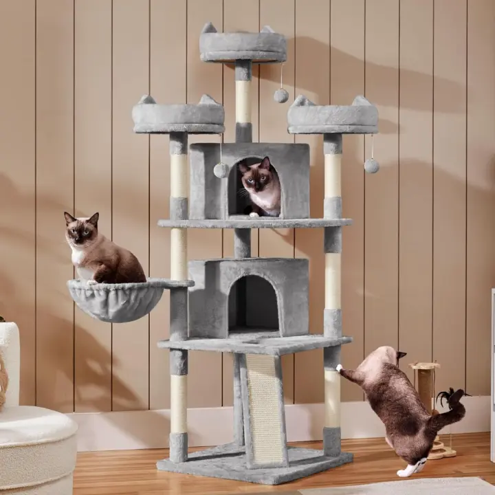 Árbol Rascador para 3-5 Gatos Adultos de Altura 175 cm Grande Torre para Gatos Mascota con 3 Plaraformas Gris Claro - 1