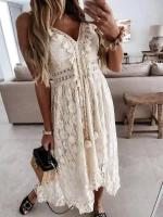 BUNO-Sin mangas, cuello en V, borlas fruncidas, vestido largo con volantes y fruncido con cordones para mujer - details 3