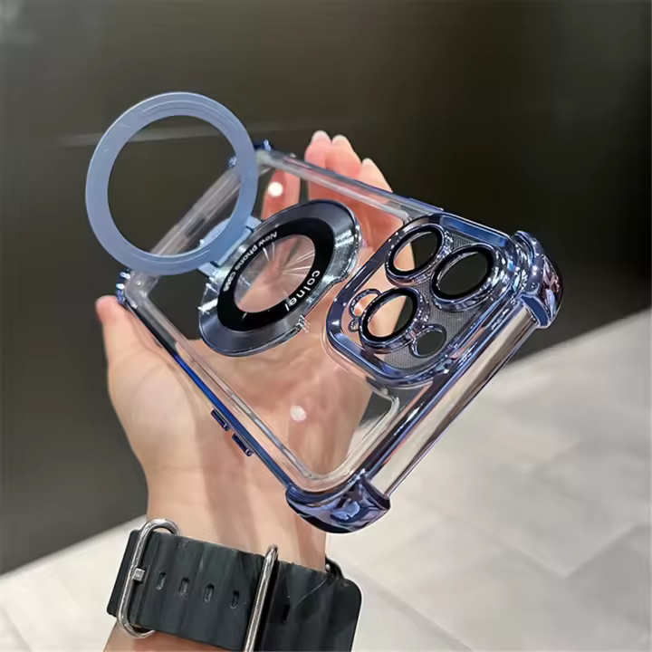 Soporte de Montaje de Choque Magnético Funda Clara Magsafe para iPhone 15, 16, 14, 13, 12, 11 Pro Max Fundas para Móviles de Plateado de Lujo - 1