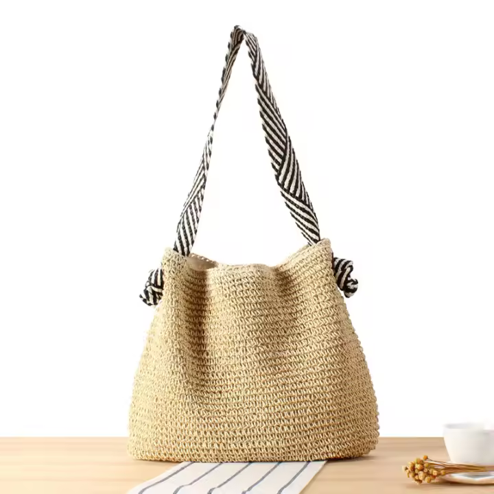 Bolsa de playa estilo marino versátil con cuerda de papel, asa trenzada, correa de hombro anudada, nicho de vacaciones, bolsa trenzada. - 1