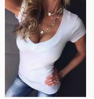 Camiseta lisa con cuello en V profundo para mujer, camiseta casual de manga corta para verano, ropa de verano para mujer, ropa de mujer para uso diario, camisetas para mujer, ropa de chica del centro, tops para salir - details 0