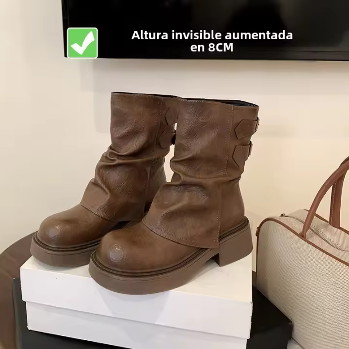 Nuevas botas de moda apiladas de tacón grueso con suela gruesa de estilo británico con realce interior versátil retro de moda - 1