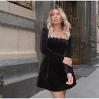 Minivestido negro de terciopelo con decoración de diamantes de imitación para mujer, elegante vestido de fiesta de noche con cuello cuadrado y manga larga y cintura alta - details 16