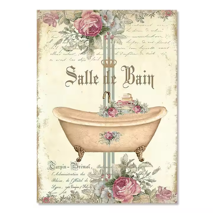 Póster de Decoración de Baño Francés Retro Pintura en Lienzo de Trapo con Diseño Floral y Acuático Para Arte de Pared en Casa Material de Lienzo - 1
