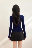 2025 primavera suéter de punto suéteres Casual empalme azul cuello redondo elástico ajustado básico Tops de manga larga - details 1