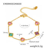 Moda Rosa corazón verde púrpura cuadrado zirconia pulsera señoras nuevo acero inoxidable chapado en oro pulsera regalo de joyería de lujo - details 5