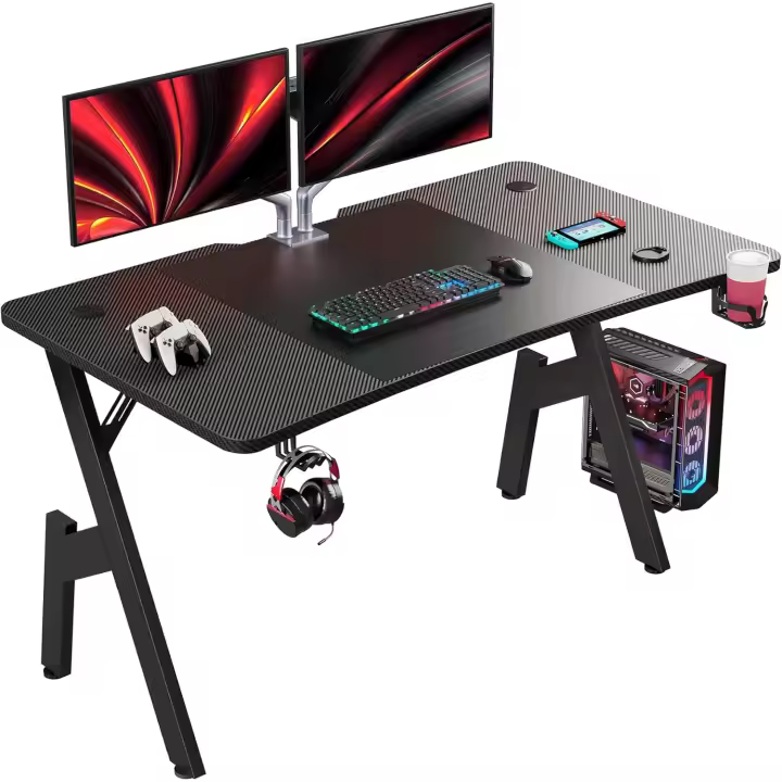 120 x 60 cm Escritorio Gaming Ergonómica Gamer Fibra Carbono para Ornador Portavasos y Gancho para Auriculares - 1