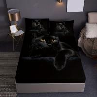 Juego De Sábanas Ajustadas De 3 piezas, Conjunto De Ropa De Cama De Poliéster Con Estampado De Gato Negro Para mujer - details 1