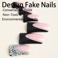 24 Uds., punta de uña de pico de pato francés con diamantes de imitación, uñas artificiales de resina negra desnuda para decoración de manos - details 7