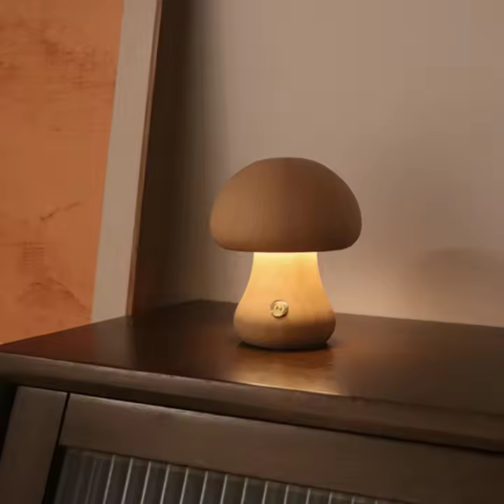 Bonita luz LED nocturna con forma de seta, lámpara de mesita de noche de madera con interruptor táctil, decoración de habitación, lámpara de seta ambiental de alto nivel - 1