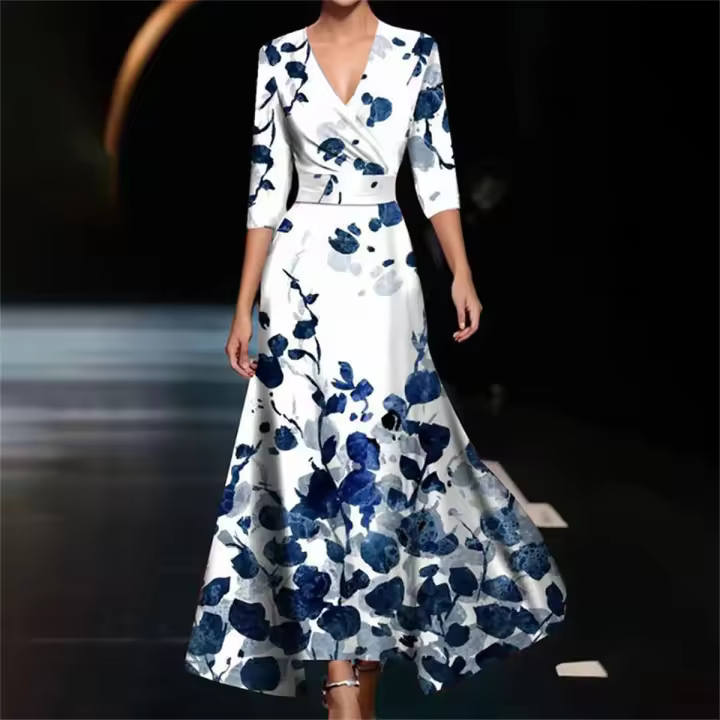 Vestido Maxi Bohemio Vintage Para Mujer Elegante Y Sexy Con Estampado Floral A-Line Manga Corta Cintura Ajustada Fiesta - 1