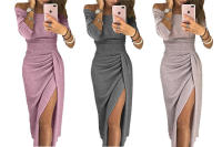 BUNO-Vestido de moda informal para mujer, vestido largo de fiesta de noche ajustado de manga larga con hombros descubiertos para mujer Vestidos de tubo divididos asimétricos - details 3